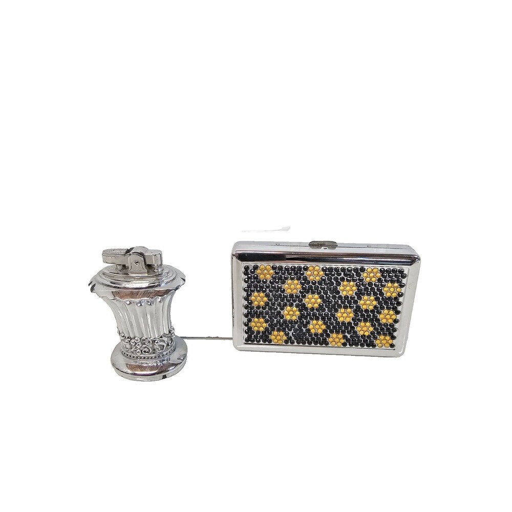 Silver Table Lighter & Cigarette Case Black Gold Rhinestone Front